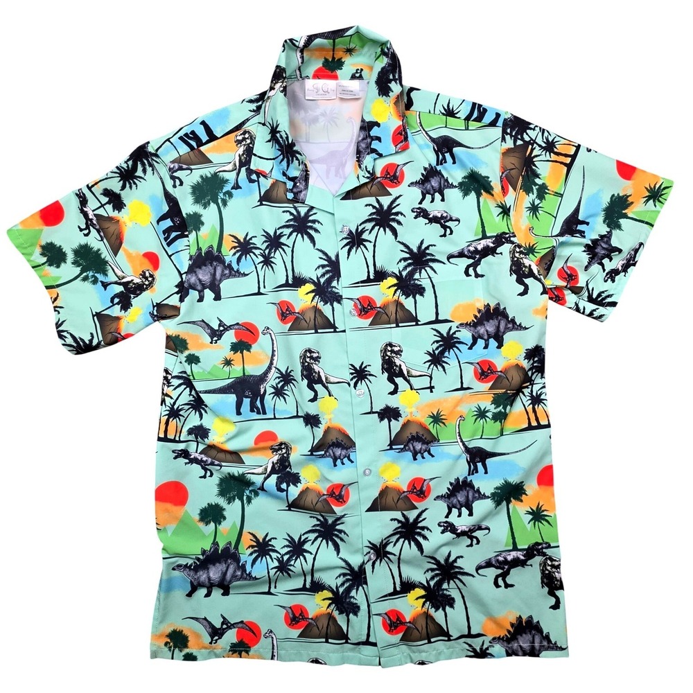 Dinosaur Print Camp Shirt Mint Green Short Sleeve Large Funny Guy Creation Mens